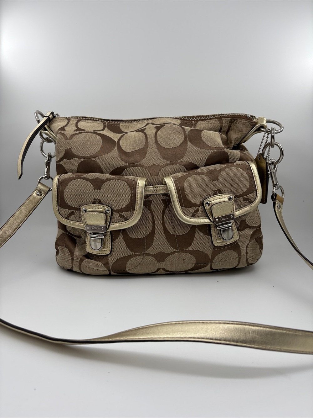 Coach Beige and Brown Signature Canvas Crossbody with Gold Trim